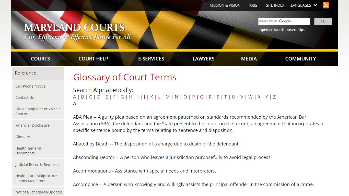 Glossary of Court Terms | Maryland Courts