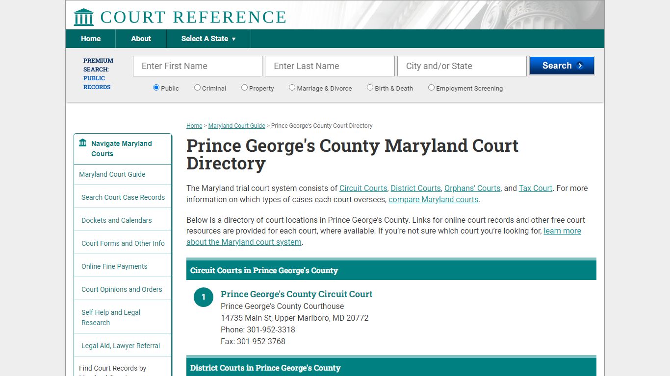 Prince George's County Maryland Court Directory